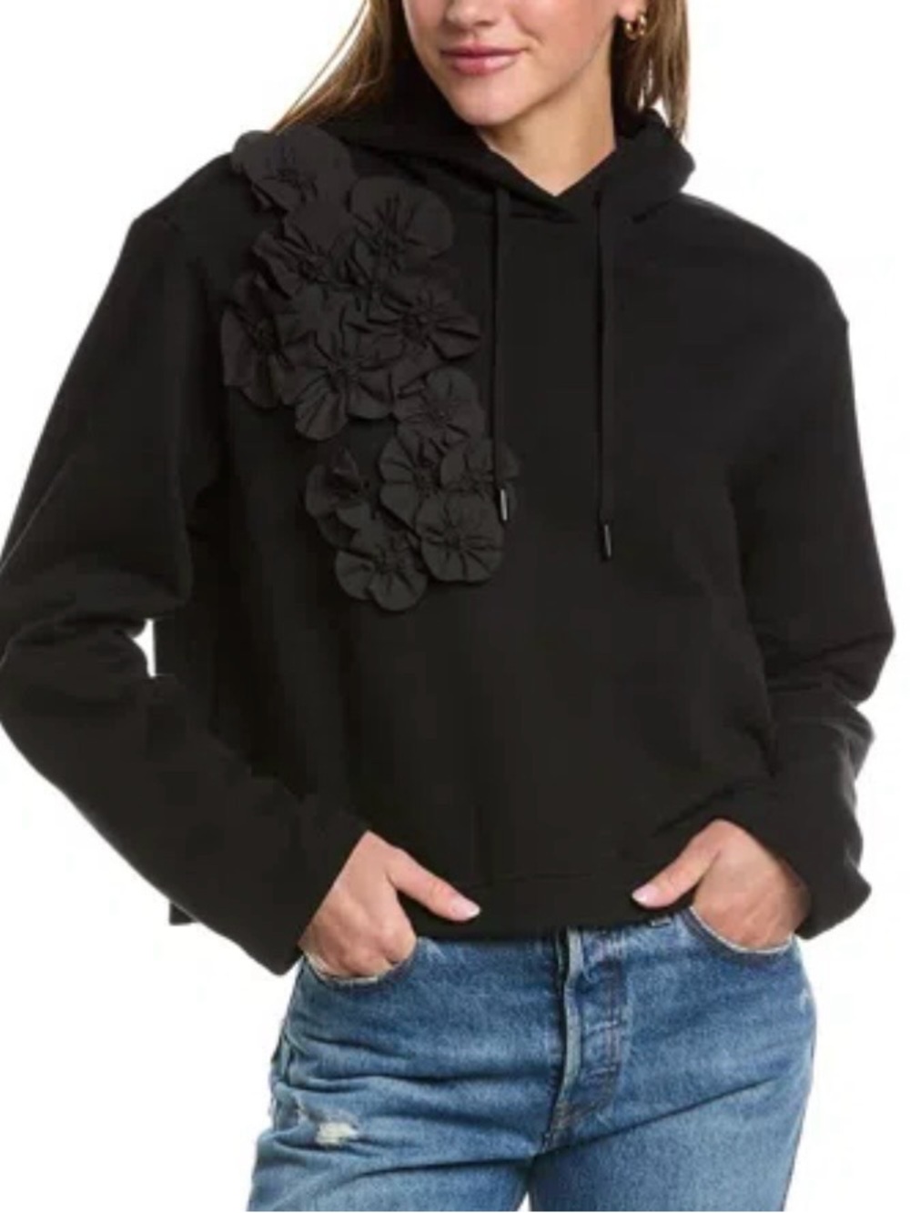 Black Floral-Appliqué Hoodie Sweatshirt - Women's Casual Pullover